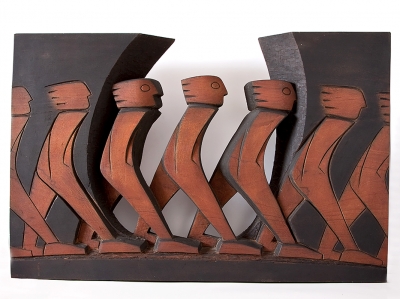 “Crossing Open Ground” (pierced relief)   1992   Sapele with ochre and charcoal   61x93x8cm
